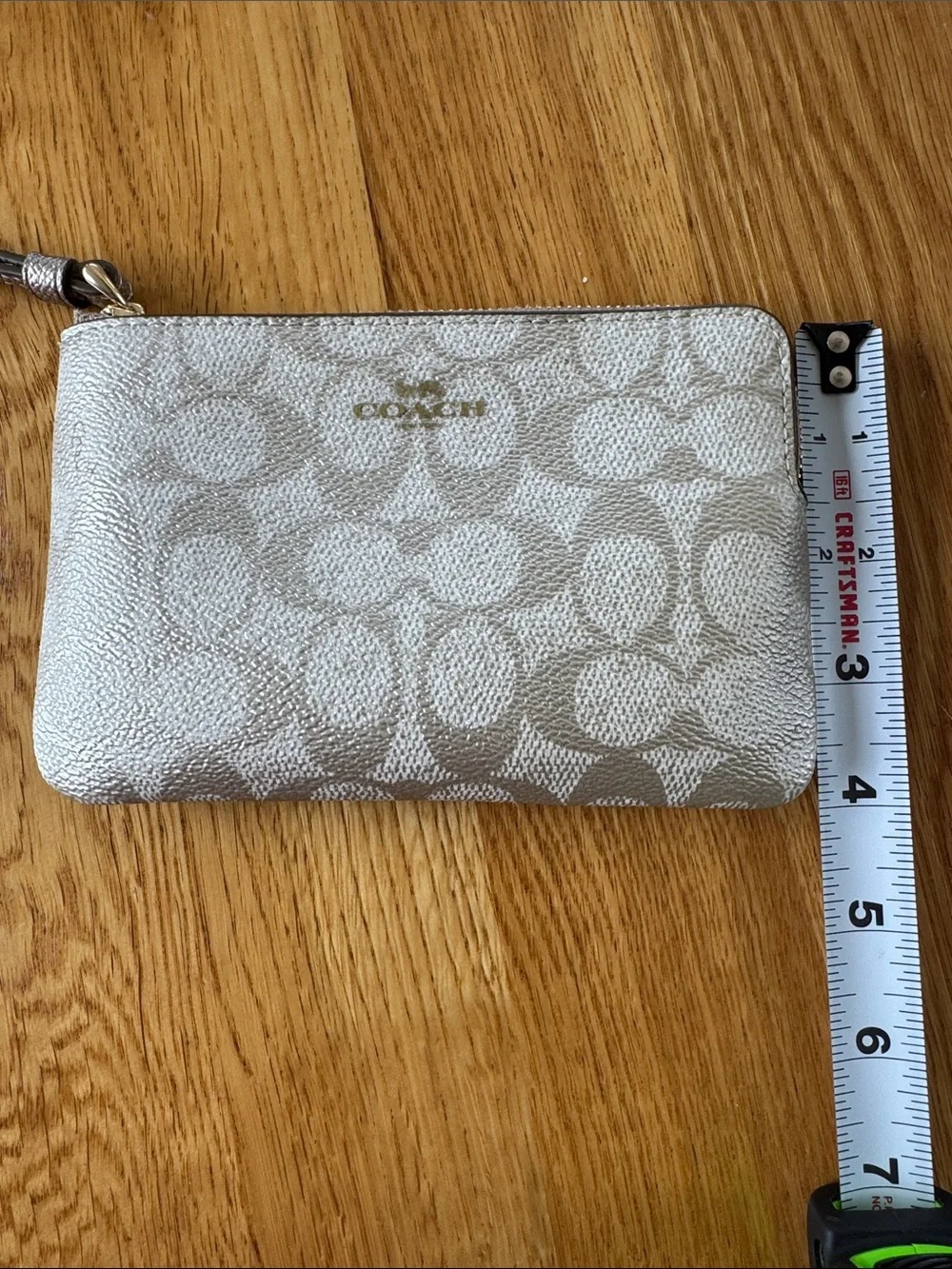Coach Metallic Signature Corner Zip Wristlet in Pearlized Canvas Gold Accents